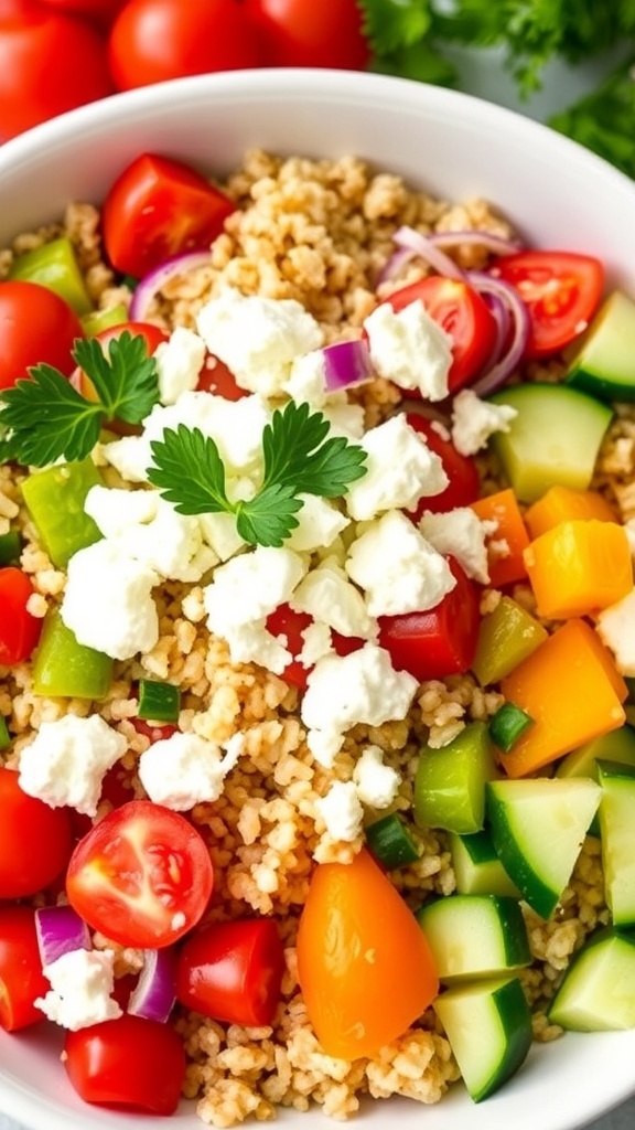 A vibrant Mediterranean quinoa power bowl with quinoa, cherry tomatoes, cucumber, red onion, bell peppers, and feta cheese, garnished with parsley.